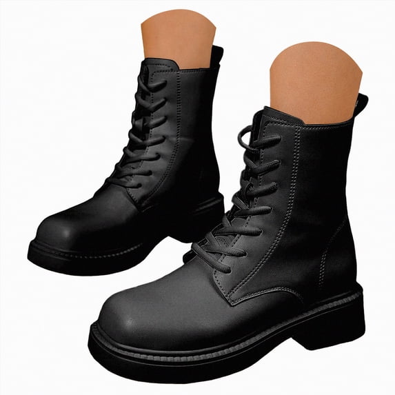UngA Women's Combat Boots Faux Leather Ankle Boot Lace-up Military Style Chunky Lug Sole Booties Motorcycle Boots for Women Black,Size 7.5