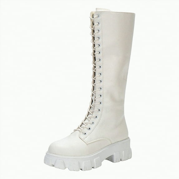 UngA Women's Combat Boots Faux Leather Ankle Boot Lace-up Military Style Chunky Lug Sole Booties Motorcycle Women Boots White,Size 8