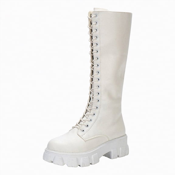 UngA Women's Combat Boots Faux Leather Ankle Boot Lace-up Military Style Chunky Lug Sole Booties Motorcycle Women Boots White,Size 8