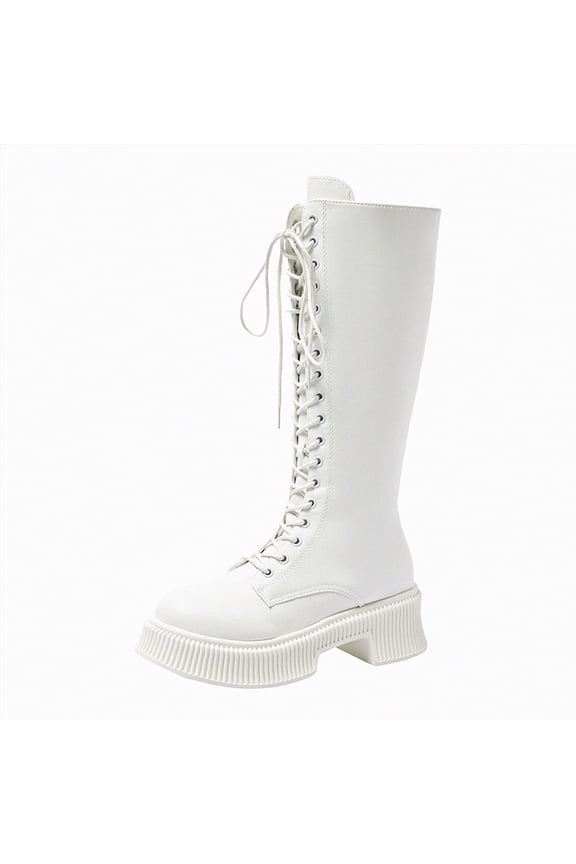 Women's Combat Boots Lace up Mid Calf Boots Low Heel Chunky Platform Riding Boots Lug Sole Womens Boot White,Size 6.5