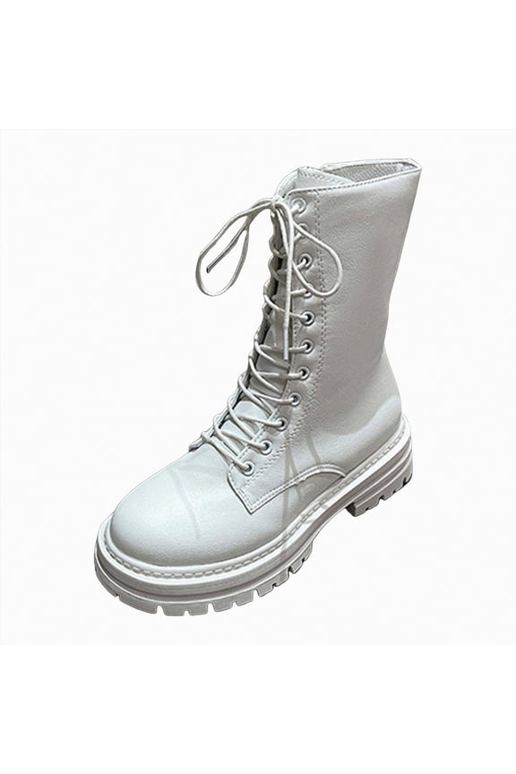 Women's Combat Boots Lace-up Mid-calf Boots Military Winter Woman Boots White,Size 6.5