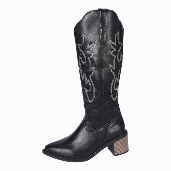 UngA Women's Cowboy Boots Mid Calf Cowgirl Boots Square Toe Chunky Heel Embroidery Stitched Western Boots Black,Size 8.5
