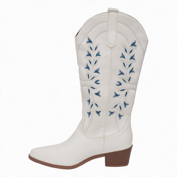 UngA Women's Cowboy Boots Square Toe Wide Western Boots Mid Calf Cowgirl Boots Pull On Fashion Embroidered Cowboy Boots White,Size 7.5