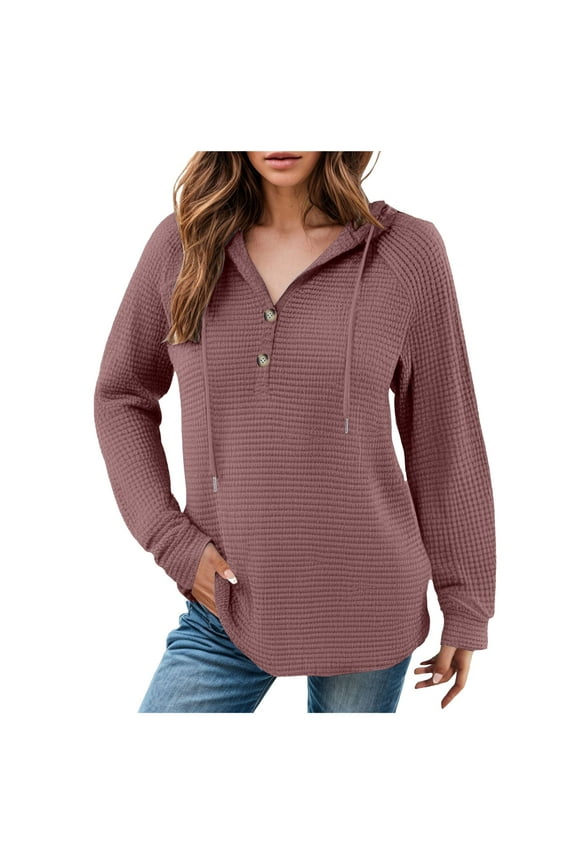 Women's Hoodie Oversized Waffle Knit Tops Henley Casual Shirts Long Sleeve V Neck Solid Color Casual Tunic Sweatshirt Purple,S