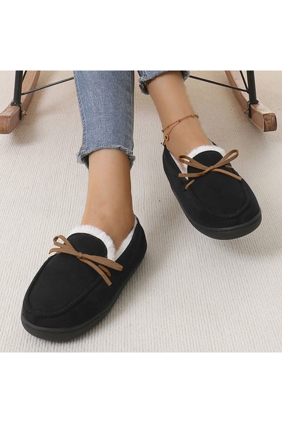 Women's House Slippers Indoor Outdoor Moccasin Fuzzy Fluffy Furry Loafers Suede Warm Shoes (Black,6.5)
