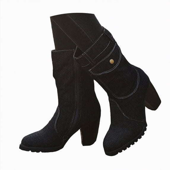 UngA Women's Mid-Calf Boots Comfort Flat Boots Solid Color Fashion Casual Slip On Zipper Plus Size Boot for Women Black,Size 9.5