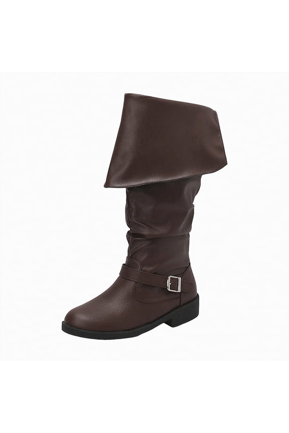 Women's Mid-Calf Boots Fold Over Chunky High Heel Boots With Side Zipper PU Leather Womens Shark Boot Calf High Square Toe Slouchy Boots Womens Brown,Size 7