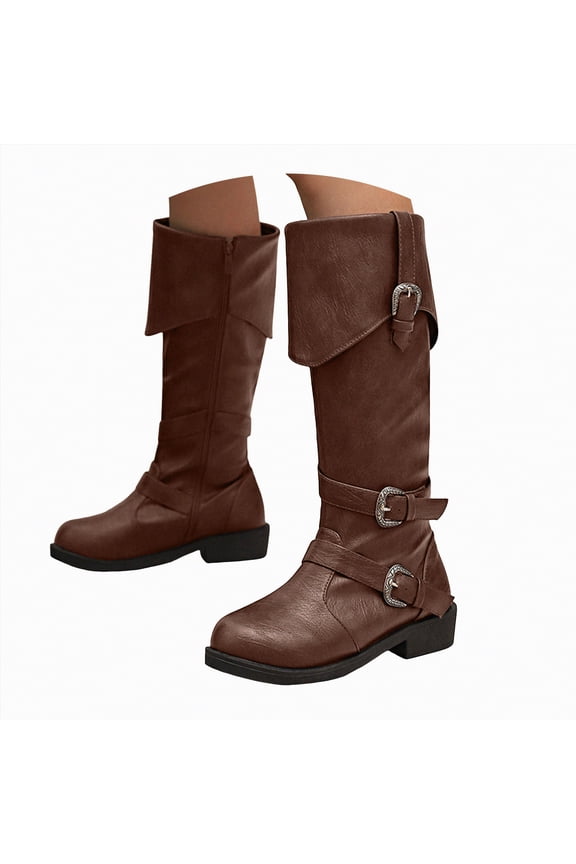 Women's Mid Calf Boots Round Toe Buckle with Side Zip Slouch Flat to Low Heel Boot for Women Brown,Size 6.5