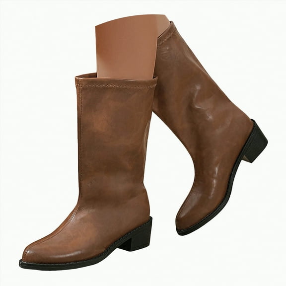 UngA Women's Mid-Calf Boots Round Toe Pull On Biker Boots Stacked Chunky Heeled Riding Boots Women's Comfort Leather Tall Boots for Women Brown,Size 6.5