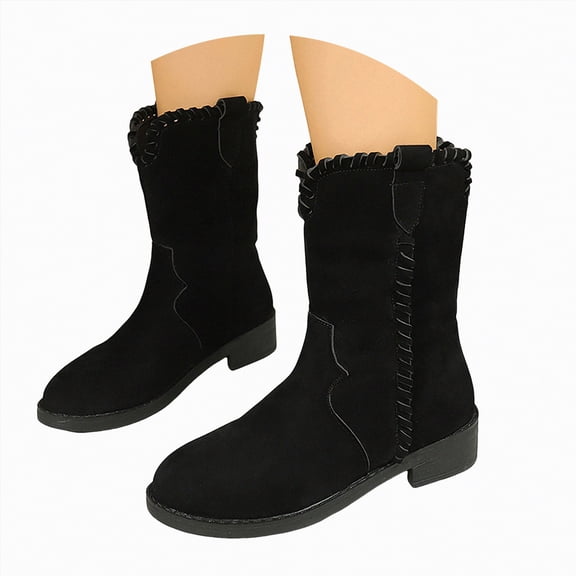 UngA Women's Mid Calf Boots Slouch Boots Fashion Slouchy Suede Pointed Toe Block Low Heels Wide Calf Boots Winter Fall Dress Boot for Women Black,Size 6