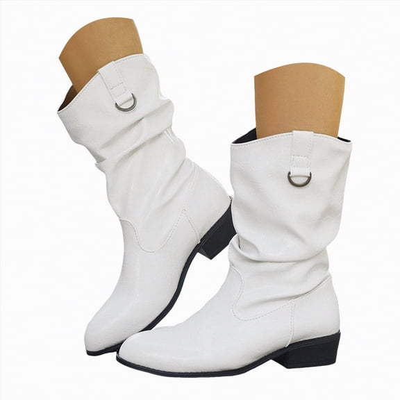 UngA Women's Mid-Calf Boots Wide Toe Box Motorcycle Biker Riding Boots with Buckles Round Toe Dress Boots with Low Chunky Heel Boot for Women White,Size 8.5