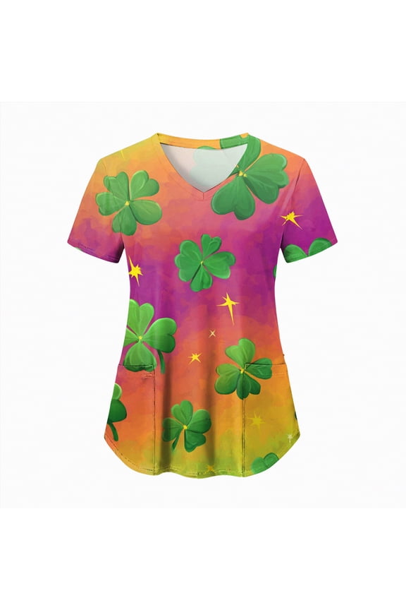 Women's St. Patrick's Day T-Shirts Irish Shamrock Holiday T Shirts V Neck Short Sleeve Nursing Uniform with Pockets Graphic Women St Patricks Day Shirt,XL