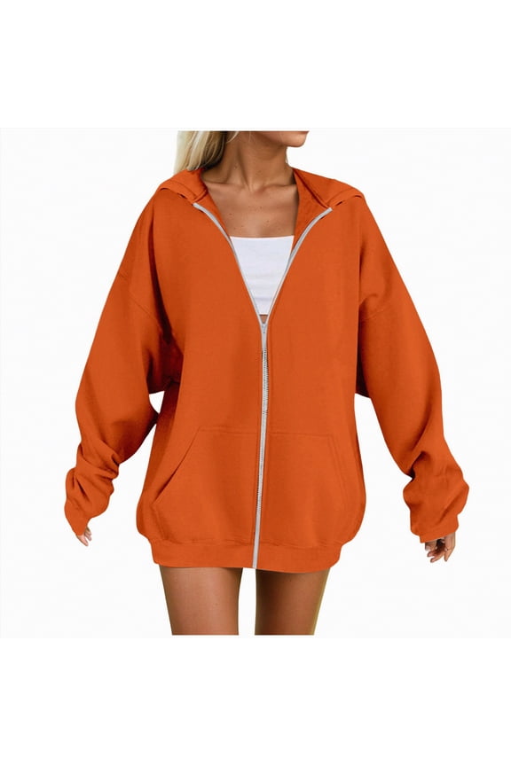 Women's Zip Up Hoodie Womens Zip Up Hoodies Fleece Jackets Oversized Sweatshirts Fall Fashion Outfits 2025 Sweaters Winter Clothes Hoodies for Women (Orange,4XL)