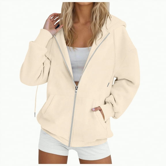 UngA Women's Zip Up Hoodie Drawstring Cute Hoodies Fall Jacket Oversized Casual Sweatshirts with Pocket Womens Hoodies (Beige,L)