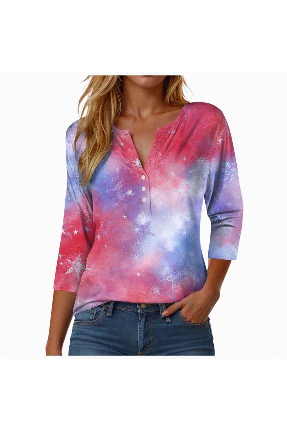 Womens 250th Anniversary Shirts 3/4 Sleeve American Flag Patriotic V-Neck Shirt Women 4th of July T-Shirt USA Flag Stars Stripes Graphic Tee Tops (Hot Pink,M)