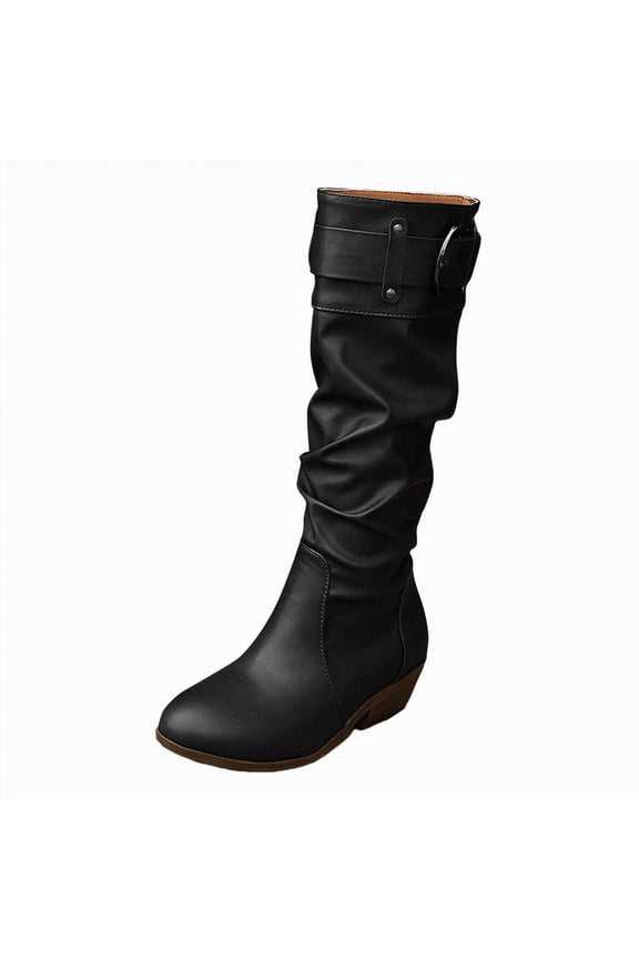 Womens Boot Chunky Low Heel Riding Booties Motorcycle Biker Round Toe Fashion Buckle Western Booties Trendy Stylish Boots Women Mid Calf Black,Size 8.5