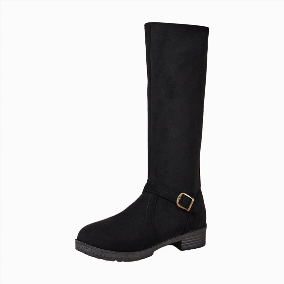 UngA Womens Boot Wide Calf Flat Faux Suede Boots for Women Cowboy Slouch Stacked Bootie Side Zipper Round Toe Winter Flats Boots Women Mid Calf Black,Size 6