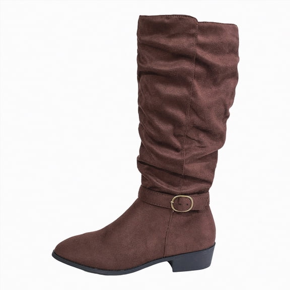 UngA Womens Boot Wide Calf Flat Faux Suede Boots for Women Cowboy Slouch Stacked Bootie Side Zipper Round Toe Winter Flats Mid Calf Boots Women Brown,Size 7