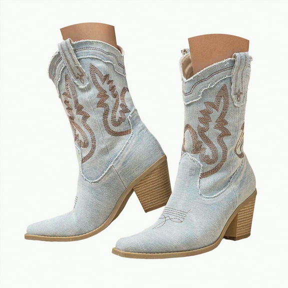 UngA Womens Boots Mid Calf Cowboy Boots Embroidered Cowgirl Boots Western Mid-Calf Knee-High Boots with Heel Light Blue,6