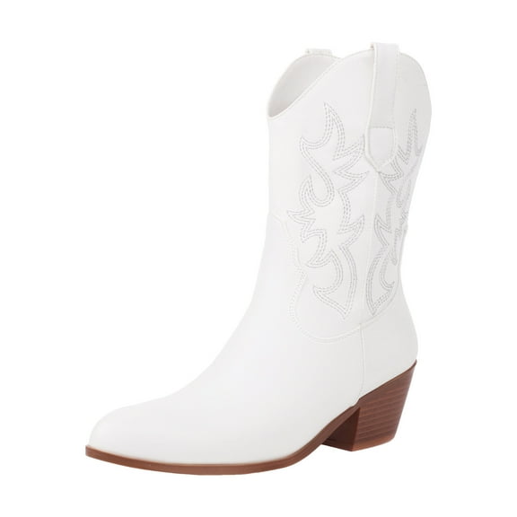 UngA Womens Boots Mid Calf Cowboy Cowgirl Boots for Women: Western Country High Heel Boots Suede Zipper Mid Calf Booties White,9