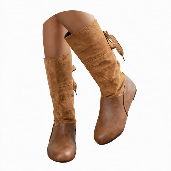 UngA Womens Boots Mid Calf Motorcycle Riding Boots with Buckle Straps Pull-on Low Block Heel Round Toe Slouchy Boots Women A,Size 8