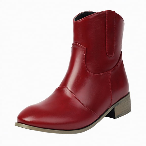 UngA Womens Boots Mid Calf Motorcycle Riding Boots with Buckle Straps Pull-on Low Block Heel Round Toe Slouchy Boots for Women Wine,Size 6.5