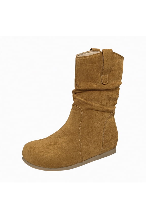 Womens Boots Mid Calf Stylish Comfortable Buckle Decor Suede Low Heel Zip Up Snow Boots for Warmth and Fashion Tall Design Shoes for Winter Outdoor Footwear Boot for Women Brown,Size 6.5