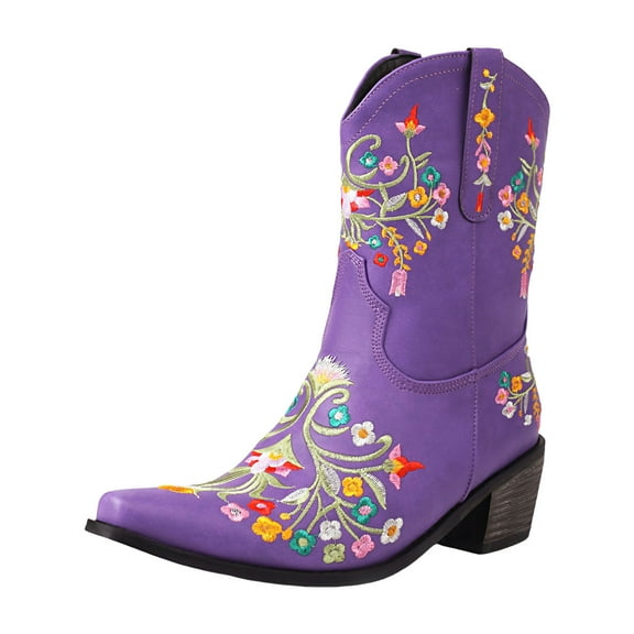 UngA Womens Boots Mid Calf Women's Cowboy Boots Mid Calf Cowgirl Embroidered Western Pointed Toe Chunky Heel Pull On Knee High Boots Purple,7