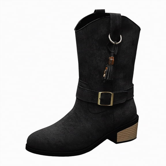 UngA Womens Boots Slouchy Boots Suede High Heel Zip Stacked Chunky Block Round Toe Boots for Women Mid Calf Black,Size 9.5