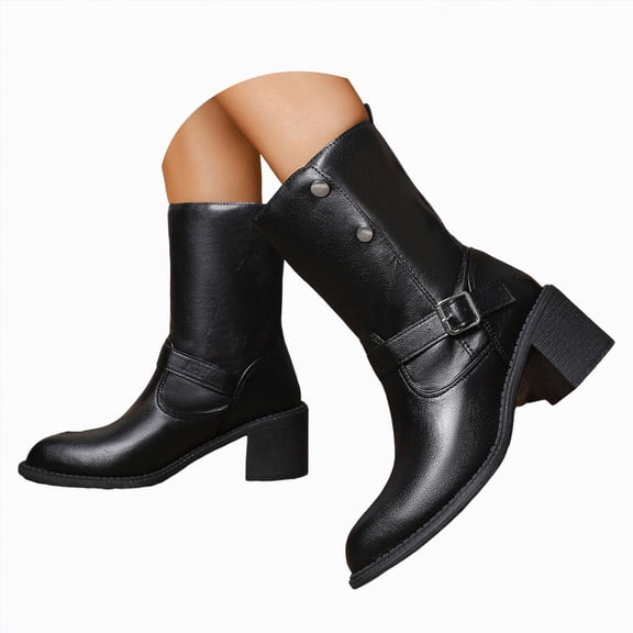 UngA Womens Boots Wide Toe Box Motorcycle Biker Riding Boots with Buckles Round Toe Dress Boots with Low Chunky Heel Mid-Calf Boots for Women Black,Size 8.5