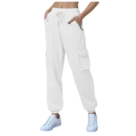 UngA Womens Cargo Sweatpants Womens Casual Cotton Tapered Capri Cargo Pants Loose Elastic Waist Ankle Cropped Trouser with Pockets White,S