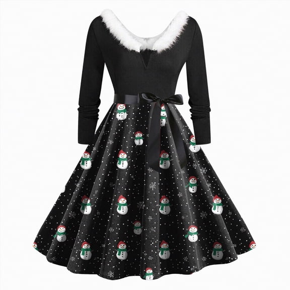 UngA Womens Christmas Dress 1950s Retro Vintage Furry V-Neck Swing Cocktail Dress Xmas Printed Evening Prom Womens Party Dress,Size XXL