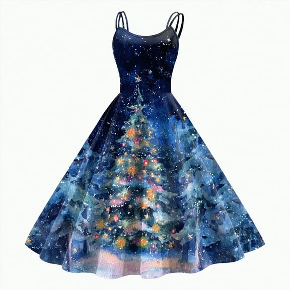 UngA Womens Christmas Dress 1950s Vintage Sleeveless Spaghetti Strap Dress Xmas Printed Prom Womens Party Dress,Size XXL
