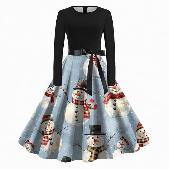 UngA Womens Christmas Dress Christmas Dresses for Women Long Sleeve Pleated Prom Hepburn Dresses with Belt Winter Party Cocktail Dress Light Blue,S