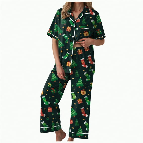 UngA Womens Christmas Pajamas 2 Piece Satin Pjs Soft Button Down Sleepwear Wide Leg Long Pants with Pockets Silk Christmas Pajamas for Women,Size L