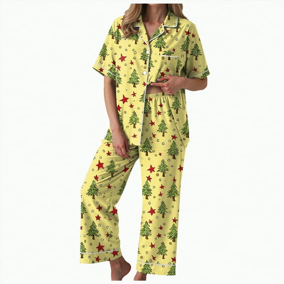 UngA Womens Christmas Pajamas Satin Button Down Christmas Tree Pajamas Classic Soft Christmas Silk Pajamas for Women,Size L