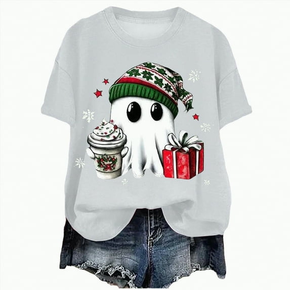 UngA Womens Christmas Shirt Funny Xmas Tee Cute Holiday Graphic Short Sleeve Tops Christmas Tshirts Shirts for Women White,XXXL