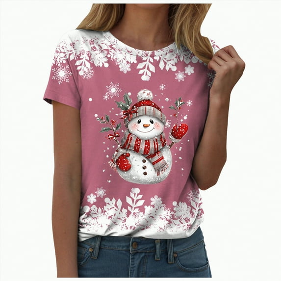 UngA Womens Christmas Shirt Graphic Tshirts Short Sleeve Funny Merry Xmas Holiday Print Tee Blouses Tops Christmas T-Shirts for Women Pink,XXL