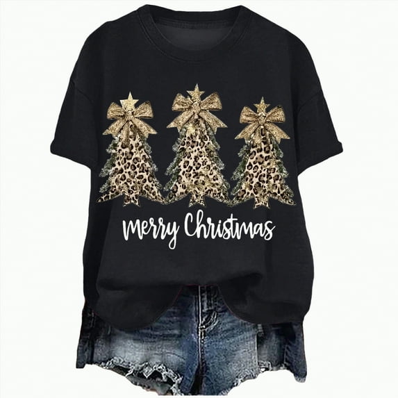 UngA Womens Christmas Shirt Merry Christmas T-Shirt Xmas Tree Casual Short Sleeve Tee Tops Christmas T Shirts for Women Black,L