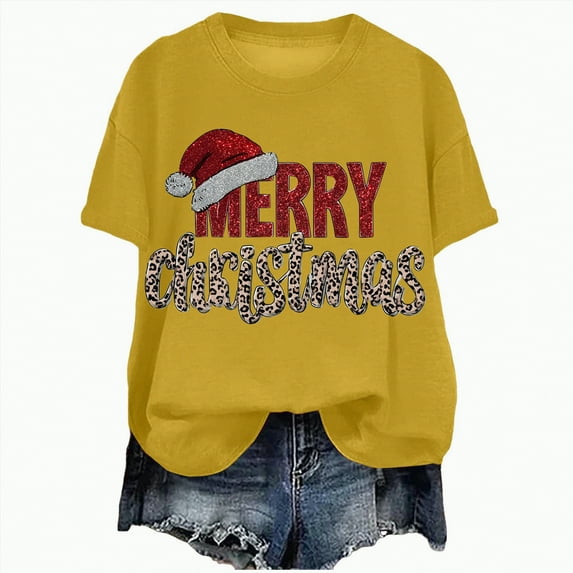 UngA Womens Christmas Shirt Santa Holiday Merry and Bright Christmas Short Sleeve Tops Xmas Light Graphic Print Christmas T Shirts for Women Yellow,S