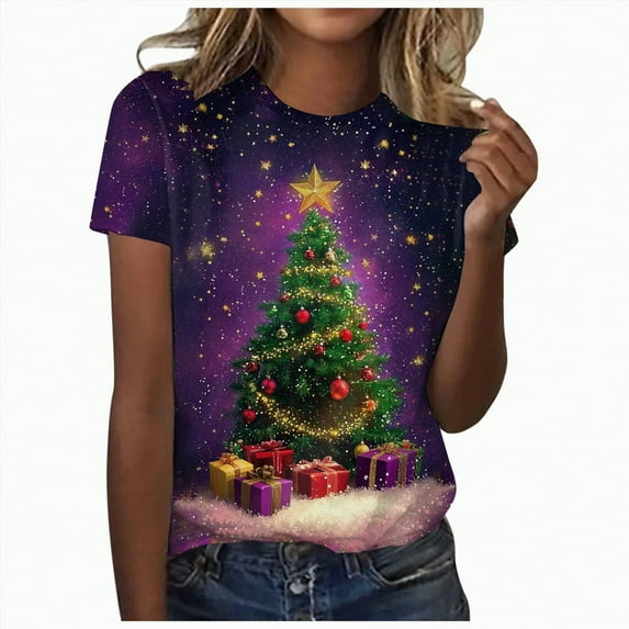 UngA Womens Christmas Shirts Crew Neck Merry Christmas Graphic Tees Funny Holiday Xmas Tee Winter Gift Tops Christmas T-Shirts for Women Purple,XXL