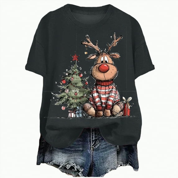 UngA Womens Christmas Shirts Crew Neck Merry Christmas Graphic Tees Funny Holiday Xmas Tee Winter Gift Tops Christmas Tshirts Shirts for Women Dark Gray,XXL
