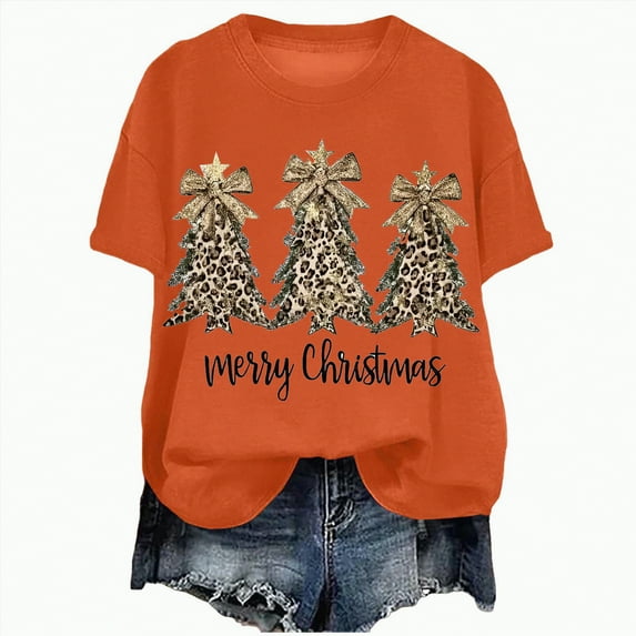 UngA Womens Christmas Shirts Crew Neck Shirts for Women Xmas Tree Shirt Merry and Bright Shirt Casual Graphic Tee Tops Christmas T-Shirts for Women Orange,XL