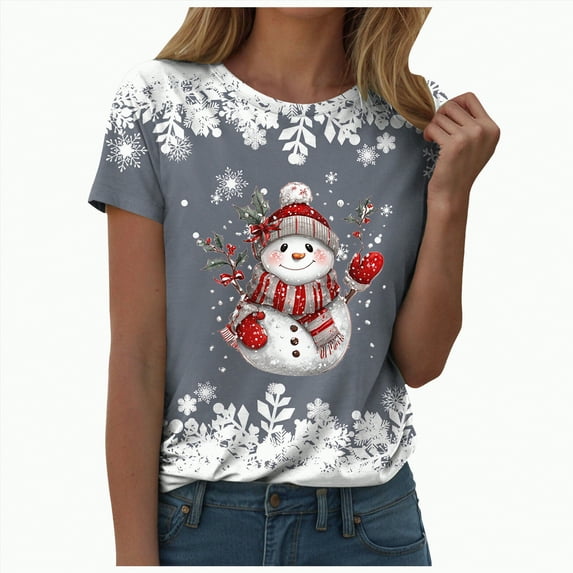 UngA Womens Christmas Shirts Graphic Tshirts Short Sleeve Funny Merry Xmas Holiday Print Tee Blouses Tops Christmas Tshirts Shirts for Women Grey,XL