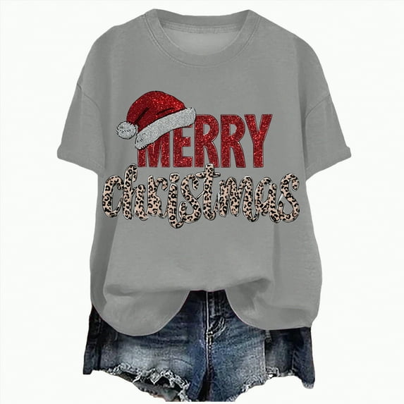 UngA Womens Christmas Shirts Merry Christmas Printed T-Shirts Short Sleeve Holiday Tee Xmas Gift Tops Christmas T Shirts for Women Grey,M