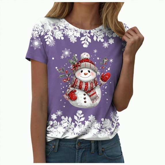 UngA Womens Christmas Shirts Merry Christmas Printed T-Shirts Short Sleeve Holiday Tee Xmas Gift Tops Christmas T-Shirts for Women Purple,XL