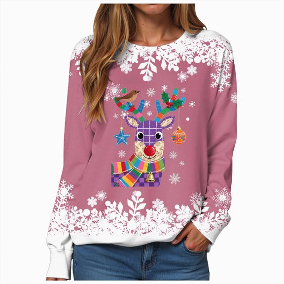 UngA Womens Christmas Sweatshirts Cute Long Sleeve Womens Holiday Pullovers Fun Graphic Print Crew Neck Sweatshirts Gifts Shirt Tops Womens Sweatshirt (Pink,S)