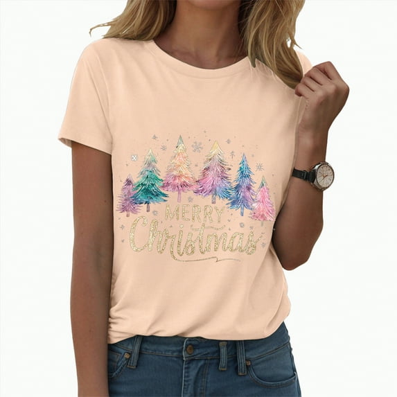 UngA Womens Christmas T Shirts Crew Neck Merry Christmas Graphic Tees Funny Holiday Xmas Tee Winter Gift Tops Christmas Shirts Women Light Yellow,XL