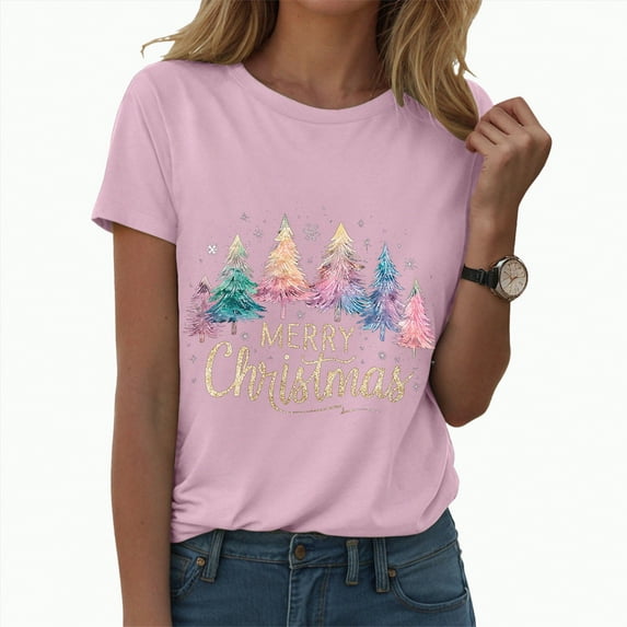 UngA Womens Christmas T Shirts Crew Neck Merry Christmas Holiday Graphic Tees Family Holiday Xmas Tee Gift Tops Christmas Shirt Women Pink,XXXL
