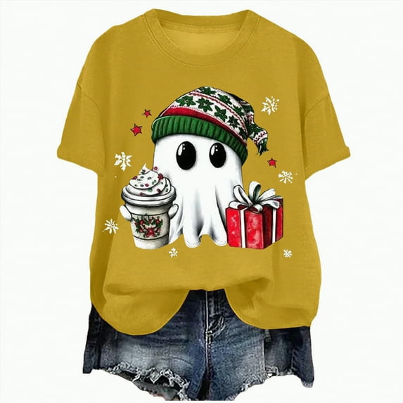 UngA Womens Christmas T Shirts Crew Neck Merry Christmas Holiday Graphic Tees Family Holiday Xmas Tee Gift Tops Christmas Shirts Women Yellow,M